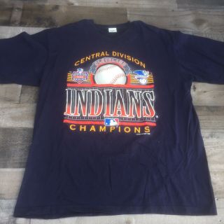 Vtg 90s Mlb Cleveland Indians Navy Blue Baseball Tshirt Xl