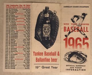 1965 York Yankees Pocket Schedule With Ballantine Beer Sponsor