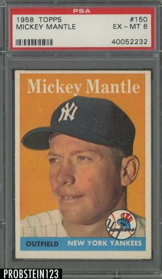 1958 Topps 150 Mickey Mantle York Yankees Hof Psa 6 Ex - Mt