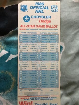 Vintage 1986 Official Nhl National Hockey League All - Star Game Ballot