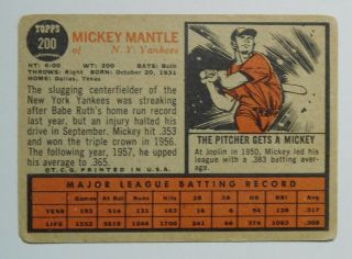 1962 Topps 200 Mickey Mantle HOF York Yankees Poor to Very Good 2