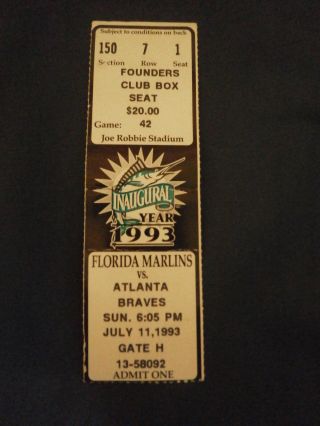 Florida Marlins 1993 Inaugural Season Game Ticket Stub Vs.  Atlanta Braves