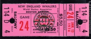 January 13,  1974 England Whalers Vs Los Angeles Sharks Full Ticket Wha