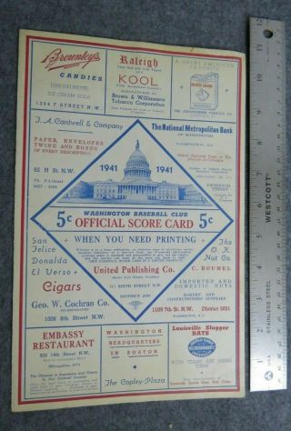 Ebab Washington Baseball Club Vs.  York Official Score Card - Dimaggio 1941