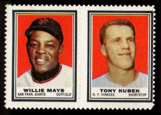 1962 Topps Stamps,  Willie Mays,  Tony Kubek,  Nrmt,  2 Stamp Panel,