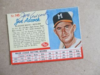 Joe Adcock 1962 Post Cereal Baseball Card Ex Autographed