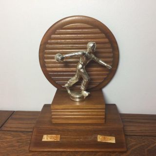 Vintage 1950s 10 " Bowling Trophy Heavy Wood & Metal Bowlers Sports Award Decor