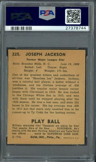 1940 Play Ball 225 Shoeless Joe Jackson Black Sox PSA 2 (MC) GOOD 2