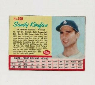 1962 Post Cereal Sandy Koufax 109 Vintage Hall - Of - Famer Card,