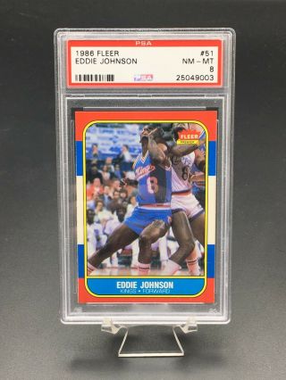 1986 Fleer Basketball Eddie Johnson Psa Nm - Mt 8 51 Sacramento Kings Set Break