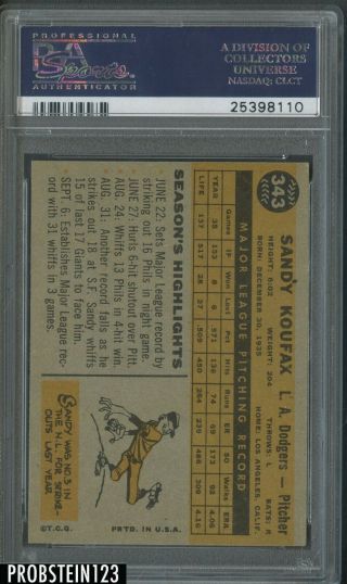 1960 Topps 343 Sandy Koufax Los Angeles Dodgers HOF PSA 7 NM 2