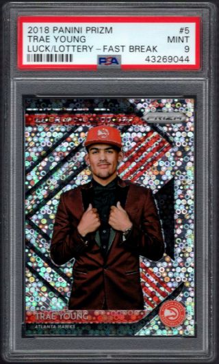 2018 - 19 Panini Prizm Fast Break Luck Of The Lottery Trae Young Rc Sp Hawks Psa 9