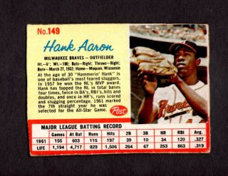 1962 Post Cereal 149 Hank Aaron Hof Milwaukee Braves