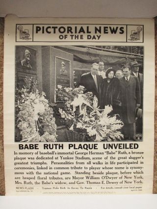 1949 Pictorial News Poster Babe Ruth Bronze Plaque Yankee Stadium