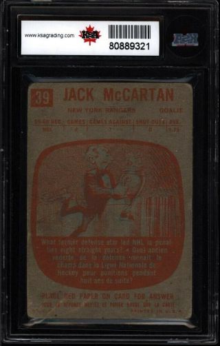 1960 - 61 TOPPS JACK MCCARTAN ROOKIE RANGERS RC CARD 39 KSA 3 VG 2