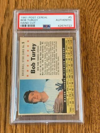 1961 Post Cereal 5 Bob Turley Hand Cut - Psa Authentic