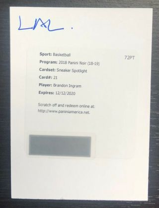 /49 Brandon Ingram 2018 - 19 Panini Noir Autograph Auto Sneaker Spotlight Lakers