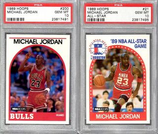 Two Michael Jordan Psa 10 Gem 1989 Hoops Card 200 & Hoops All - Star Card 21