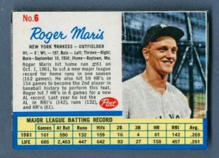 1962 Post Cereal Roger Maris 6 Yankees Nearmint