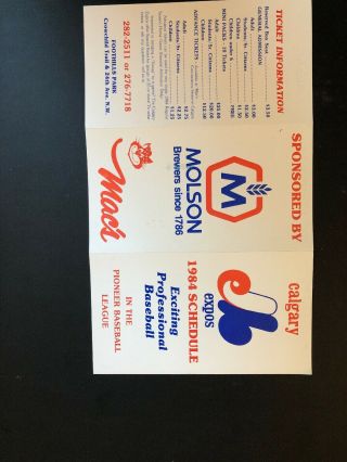 1984 Calgary Expos Minor League Baseball Pocket Schedule