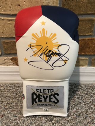 Manny Pacquiao Signed Auto Philippine Flag Cleto Reyes L Boxing Glove Psa Proof