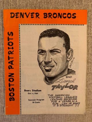 1964 Boston Patriots At Denver Broncos Afl Football Program - Capelletti Record