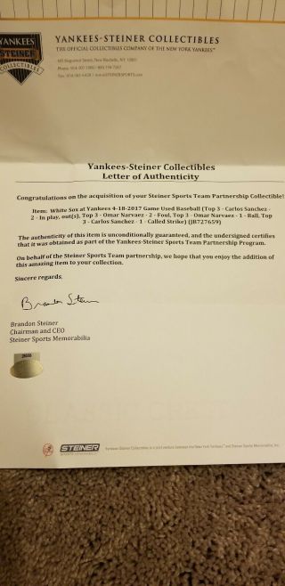 2017 York Yankees Luis Severino Game Baseball White Sox Narvaez Sanchez 3