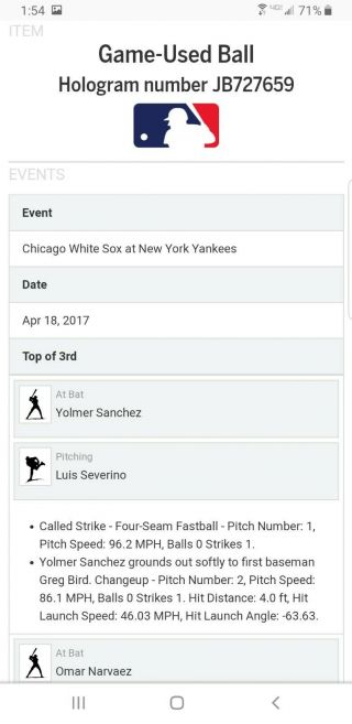 2017 York Yankees Luis Severino Game Baseball White Sox Narvaez Sanchez 4