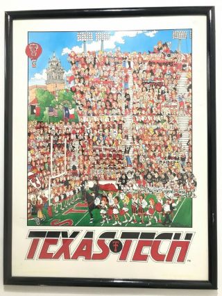 Vtg John Holladay Framed Poster Print Texas Tech University Red Raider Football
