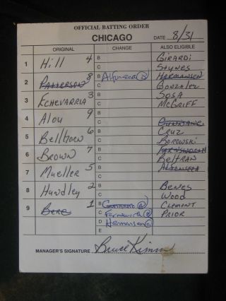 8/31/2002 Bruce Kimm Signed Chicago Cubs Game Lineup Umpire Card 099