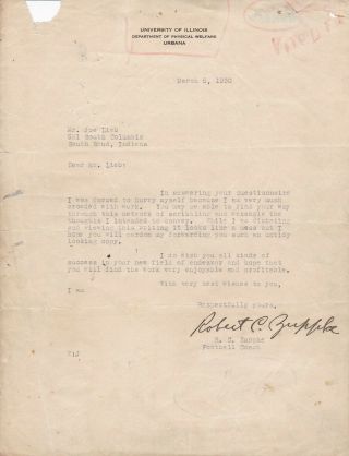 Hof Fb Coach Robert Zuppke 1930 Typed Letter Signed On Illinois Letterhead D57