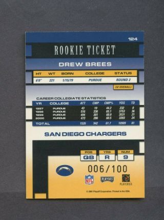 2001 Contenders Championship Rookie Ticket Drew Brees Chargers RC Rookie /100 2