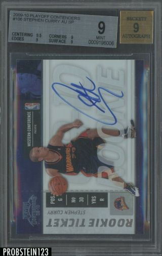 2009 - 10 Playoff Contenders Rookie Ticket Stephen Curry Rc Auto Warriors Bgs 9