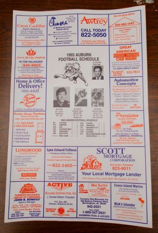 Vtg 1993 Auburn Football Schedule War Eagle Advertising Poster Terry Bowden