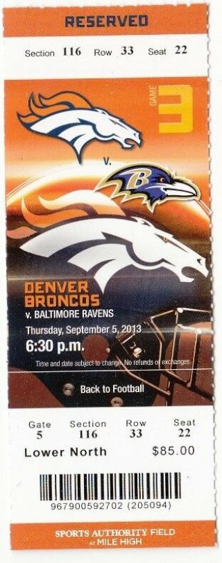 2013 Denver Broncos Vs Ravens Ticket Stub 9/5/13 Peyton Manning 7 Td Record Game