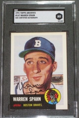 1991 Topps Archives Warren Spahn Signed Baseball Card Sgc Authentic Autograph