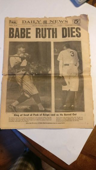 BABE RUTH DEATH and Retirement Yankees - 1948 York Daily News Newspapers 5