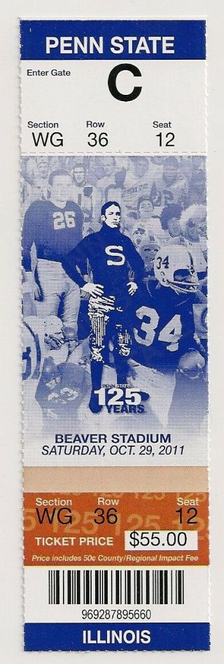 Penn State Nittany Lions Ticket October 29,  2011 Illinois Joe Paterno Last Game