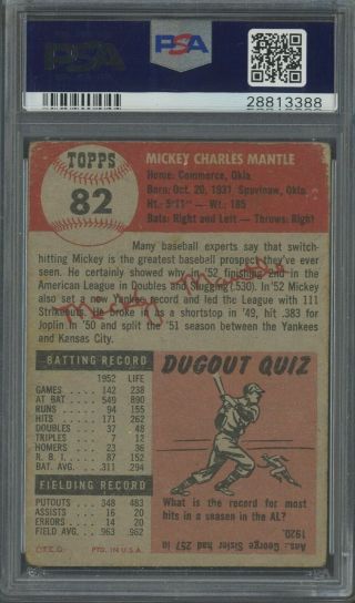 1953 Topps 82 Mickey Mantle Yankees HOF PSA 1 PR 2