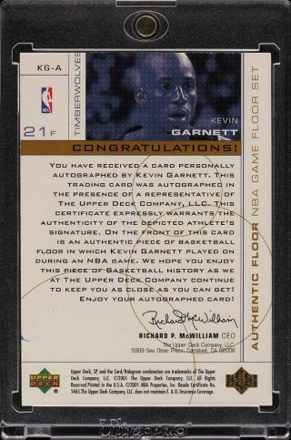 2001 SP Authentic Game Floor Kevin Garnett AUTO FLOOR PATCH /21 KG - A (PWCC) 2