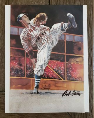 Bob Feller Autographed Portrait W/coa Hall Of Fame Cleveland Indians S/h