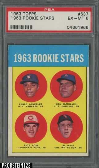 1963 Topps 537 Pete Rose Reds Rc Rookie Psa 6 Ex - Mt