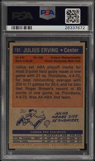 1972 Topps Basketball Julius Erving ROOKIE RC 195 PSA 8 NM - MT (PWCC) 2