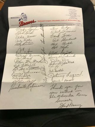 Ultra Rare 1958 Milwaukee Braves Team Issued Autograph Sheet,  Very Cool