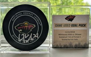 2018 - 19 Eric Fehr Minnesota Wild Game Goal Puck Autograph Ottawa Senators