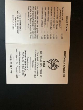 1987 Oneonta Yankees Minor League Baseball Pocket Schedule