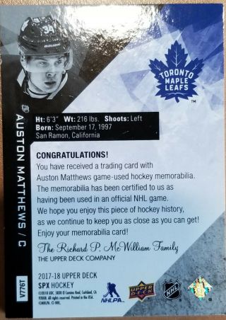 Auston Matthews 17 18 spx Game Patch Gold Not Numbered Rare 2