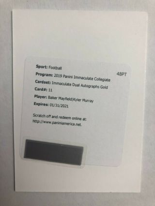 Baker Mayfield / Kyler Murray Rc Dual Auto Gold Ssp /10 2019 Panini Immaculate