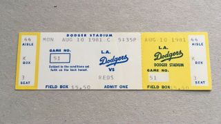 First Game Back From Strike August 10 1981 8/10/81 Dodgers Reds Full Ticket