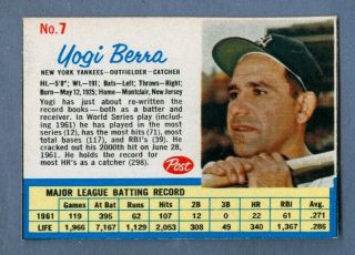 1962 Post Cereal Yogi Berra 7 Yankees Nearmint